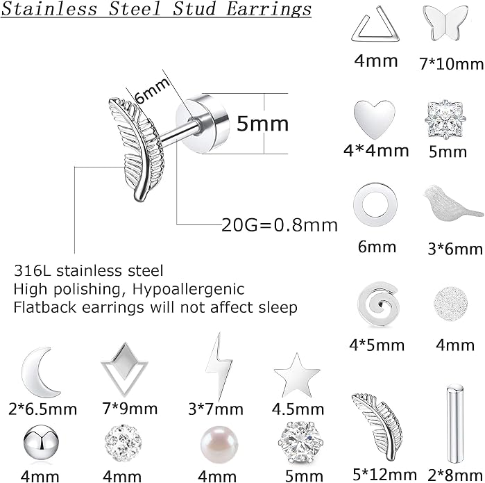 MJust 18 Pairs Women‘s Hypoallergenic Flat Back Stud Earrings, 20g Stainless Steel Earrings Sets for Men, Tiny Unisex Screw Back Cartilage Earrings.
