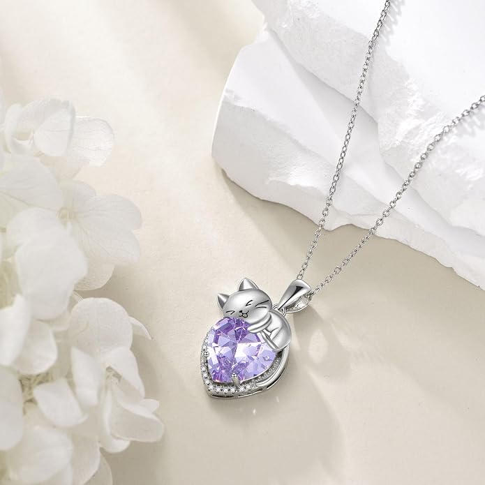 Cat Necklace Sterling Silver Cat Zircon Pendant Gothic Jewelry for Women Animal Lovers Gifts