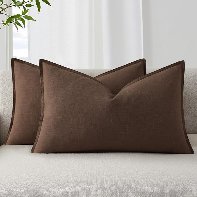 decorUhome Fall Brown Linen Throw Pillow Covers 12x20 Set of 2 | Decorative Soft Cozy Modern Farmhouse Boho Accent Pillow Cases with Flange Edges for Couch Bed Sofa Living Room Home Decor