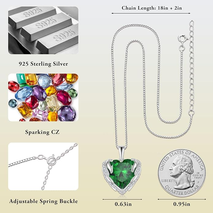 Angel Wings Necklace for Women 925 Sterling Silver Cubic Zirconia Love Heart Birthstone Pendant Necklaces