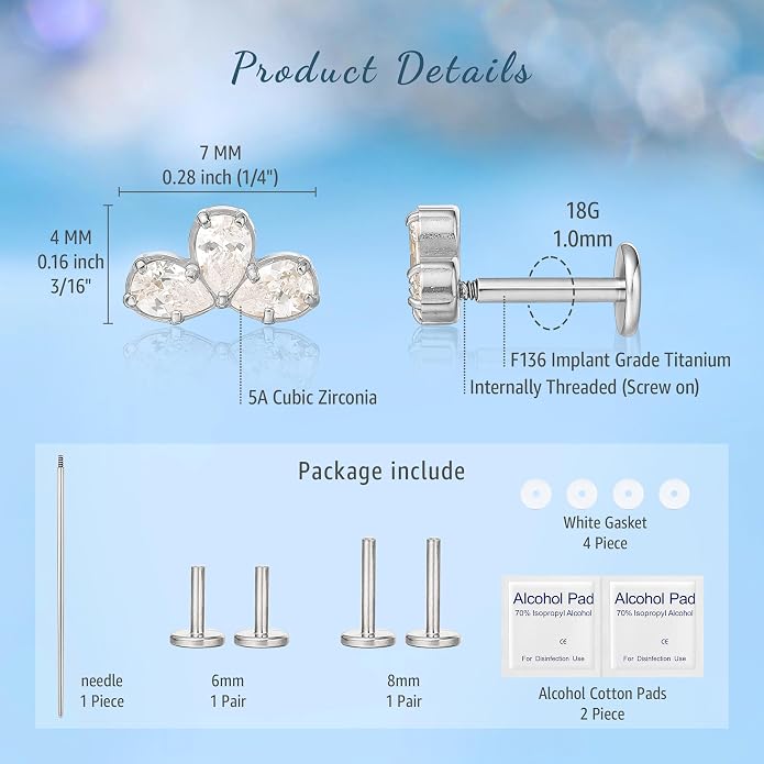 Limerencia 2Pcs 18g Titanium Internally Threaded Tragus Piercing Jewelry Nose Studs Flat Back Earrings Labret, Lip, Helix, Cartilage, Conch, Medusa Piercing for Women Men Sensitive Ears