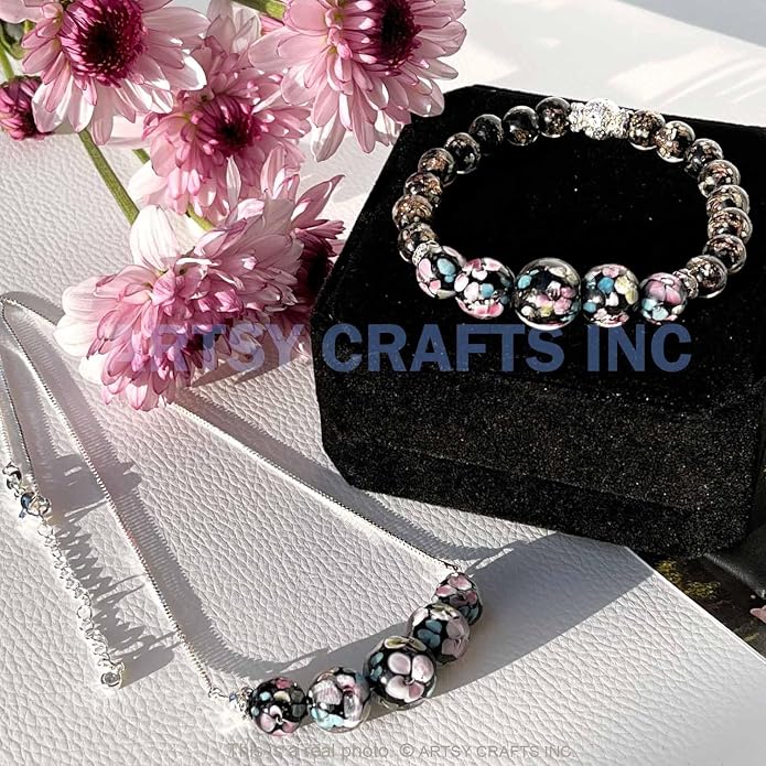 ARTSY Crafts Lily Garden Glow in the Dark Firefly Bead Bracelets Necklaces, Handmade in USA Murano Glass Jewelry, Flower Luminous Beads Mermaid Crystal Bracelet Bangle