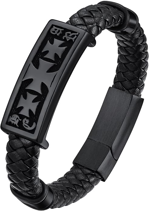ChainsHouse Mens Wrap Braided Leather Black Bead Bracelets Bangles, Vintage Star of David/Wing Skull/Templar Cross Genuine Leather Bracelet, Customize Available, Size 7.5/8.3/9.0 Inch, Send Gift Box