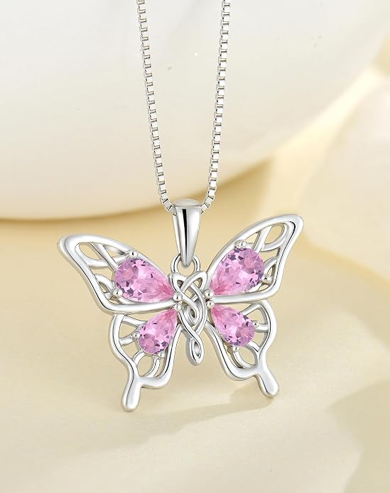 Butterfly Necklace 925 Sterling Silver Celtic Knot Pendant Teardrop Birthstone Twisted Jewelry for Women