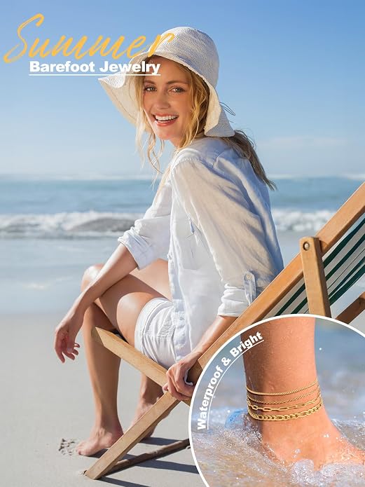 U7 2Pcs/3Pcs Ankle Bracelets for Women, Stainless Steel Cuban Link/Figaro/Rope/Heart Chain Anklets Sets,Waterproof Layered Anklets Adjustable 8.5"-10.5"