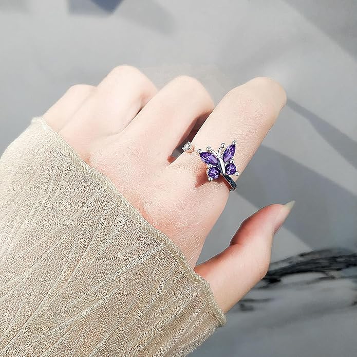 Butterfly Spinner Fidget Ring for Anxiety Relief Purple Rotating Jewelry, Adjustable Stress Ring for Women & Teens Gift for Her.