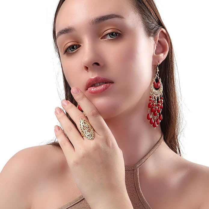 Rings for Women Summer Boho Rings Filigree Flower Ring Chunky Gold Ring Full Finger Rings Wide Band Womens Rings for Cocktail Party Birthday Gifts Statement Rings for Women
