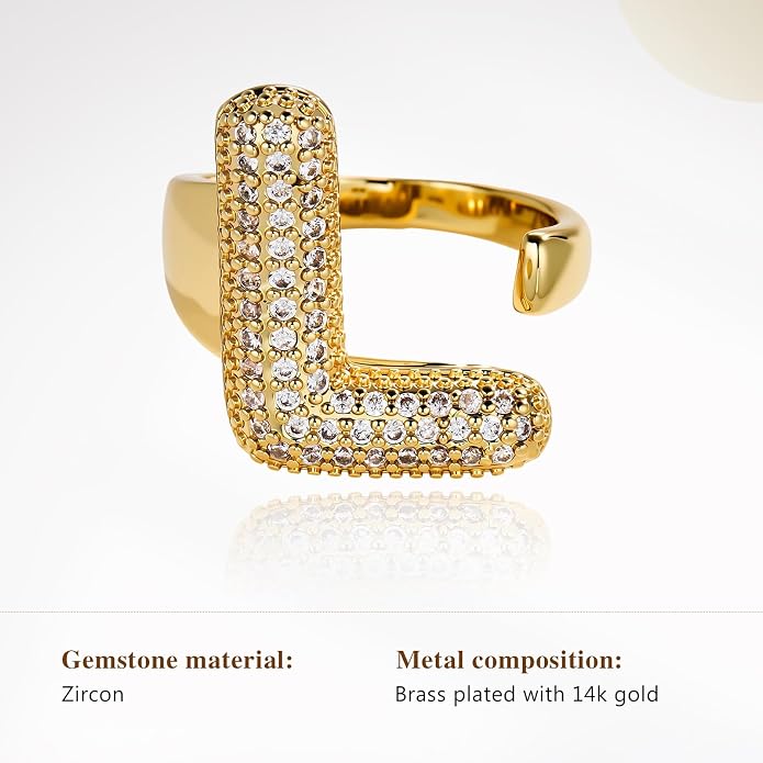 Cicy Bell Initial Rings for Women 14k Gold Plated Cubic Zirconia Delicate Letter Chunky Statement Open Rings Gifts for Her