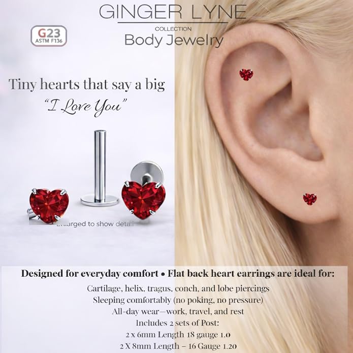 Titanium Heart CZ Labret Stud Earrings for Piercings by Ginger Lyne 6Pc Set G23 Screw Front Flat Back Body Jewelry 2 pair post 6mm, 8mm Cartilage, Helix, Tragus, Lip, Conch, Lobe