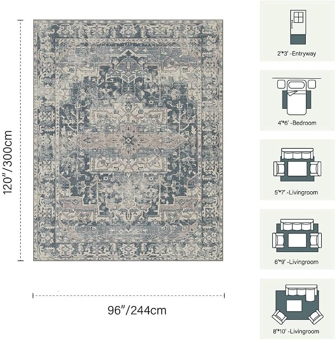 Rugxara Blue 8x10 Area Rugs for Living Room Bedroom Large Washable Rug | Non Slip, Rug for Dining Room Office Kids Room, Stain Resistant, Soft, Low Pile, Vintage Boho Retro Carpet,Home Decor