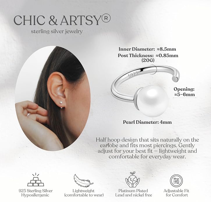 CHIC & ARTSY 925 Sterling Silver Half Hoop Earrings for Women, Small Huggie Hoops Set with Ball Bar Star Moon Cross & Pearl, Lightweight Comfort Fit Everyday & Sleep Earrings