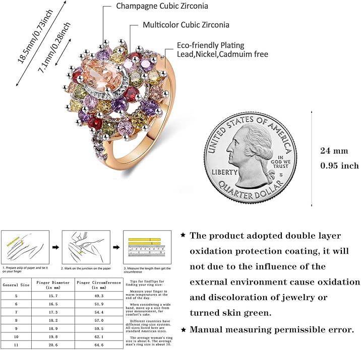 JIANGYUE Multicolor Cubic Zirconia Ring Rhodium Rose Gold Plated Multi-Stone Ring for Women Fashion Jewelry