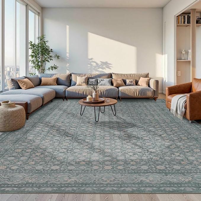 10x14 Washable Area Rug for Living Room, Extra Large Vintage Boho Rugs for Dining Room, Kids Room, Farmhouse, Durable Low Pile Non Slip Carpet for High Traffic Areas, Blue