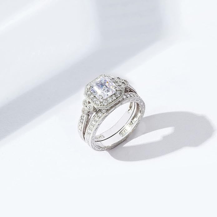 Amazon Essentials Platinum or Gold Plated Sterling Silver Antique Ring set with Asscher-Cut Infinite Elements Cubic Zirconia