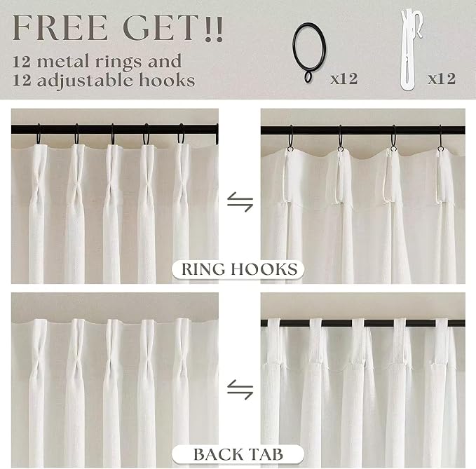 Extra Wide 60 Inch Width Pinch Pleated Curtains 90 Inch Length for Living Room Thick Linen Boho Curtain Memory Shape Light Filtering Privacy for Bedroom Large Windows Hooks Rings Cream 1 Panel 60x90