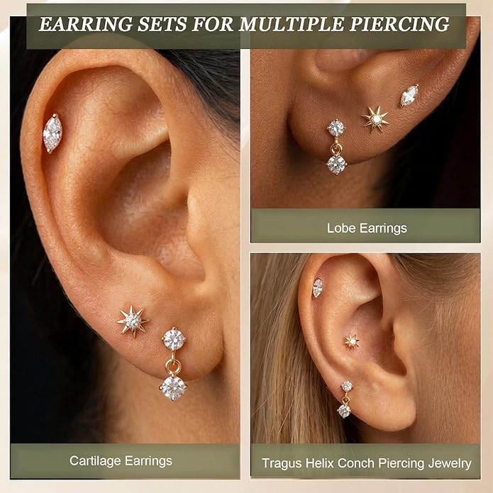 3 Pairs 20G Flat Back Earrings, G23 Titanium Hypoallergenic CZ Studs, 14K Gold Cartilage Helix Tragus Conch Piercing Jewelry for Women