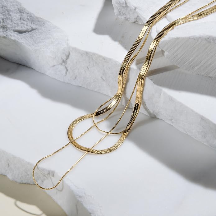 Layered Necklaces | Waterproof 18k Real Gold Plated Jewelry | Non Tarnish | PVD coated | Women's Jewelry | Gold Necklace for Women | Herringbone Necklace for Women | Snake Necklace
