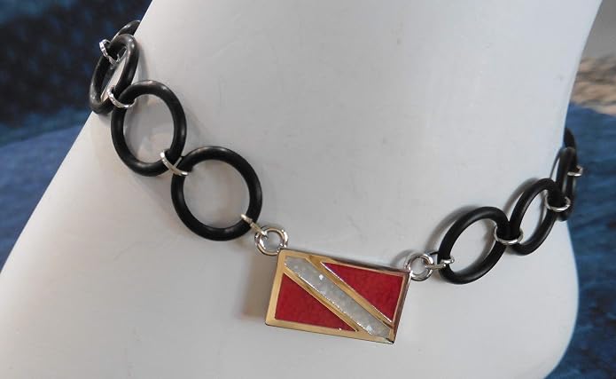 Dive Flag Anklet or Bracelet - Tarnish-Free Rhodium-Plated Bronze or Brass, with Inlay of Simulated Red Coral and Mother-of-Pearl Chips, with O-Ring "Chain" (7", 8" or 9") (9)