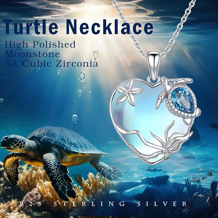Sea Turtle/Seaweed Necklace for Women 925 Sterling Silver Heart of the Ocean Moonstone Pendant Necklace Turtle Moonstone Jewelry Gift for Wife Mom