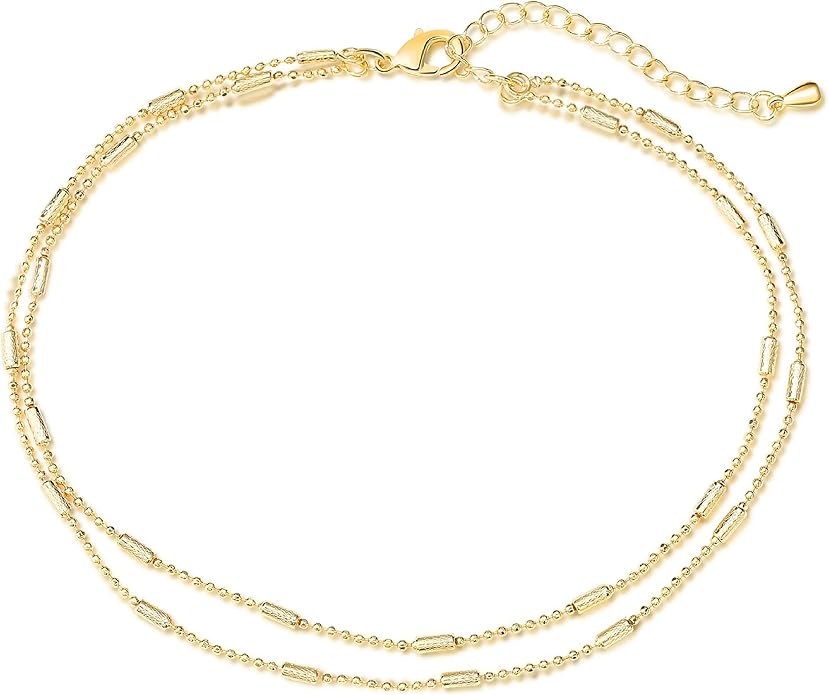 Pencros Dainty Layered Anklet,14K Gold Filled Cute Beads Satellite Chain Heart Boho Adjustable Anklets for Women