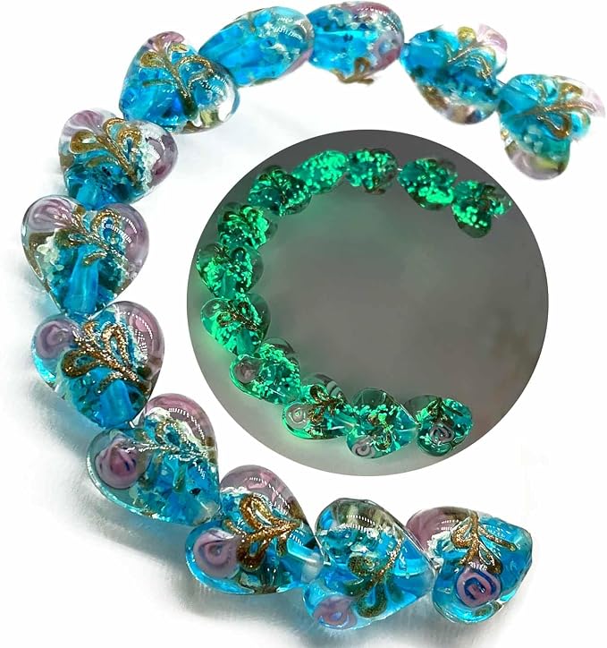 Artsy Crafts 12 Pcs Heart Shaped Glow in The Dark Firefly Beads 12mm European Lampwork Luminous Glass Beads for Jewelry Making Charm Bracelet Necklace Earrings Crafts (Heart - Blue)