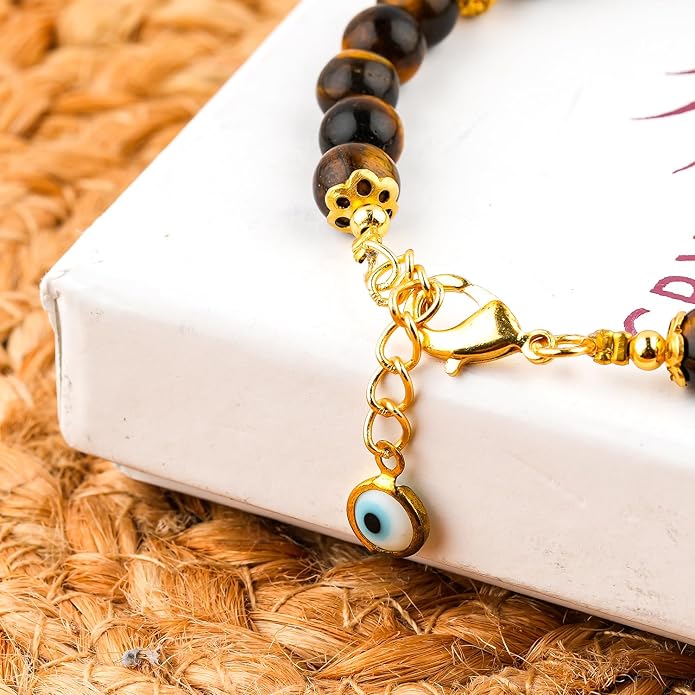 AAA Grade Natural Gemstone Beaded Bracelet, 14K Gold Plated with Evil Charm, Wicca & Reiki Healing Crystals, Handmade Bohemian Jewelry, Christmas Gift for Women (7+1inch)