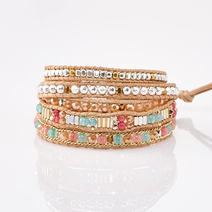 Bracelet for Women – Handmade Vegan Boho Natural Stone Layered Bracelet, Thailand Bohemian Stackable Beaded Wrap Bracelets, Summer Hippie Bracelet Stack, Fashion Jewelry Gifts