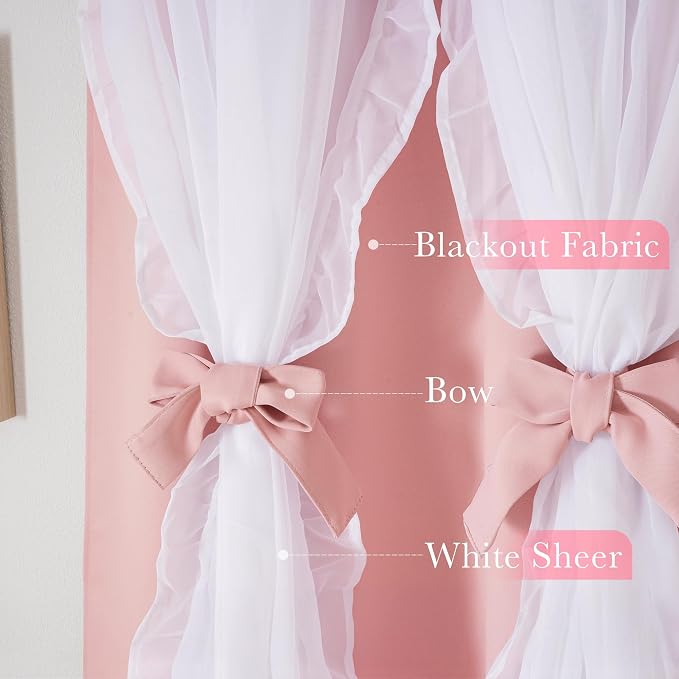 PONY DANCE Coquette Style Curtains for Girls'Bedroom Decorative Drapes for Kids Double Layer Curtain Ruffle Sheer Overlay Room Darkening Pretty Chic Princess, 52x63 inch, Blush Pink, 2 PCs