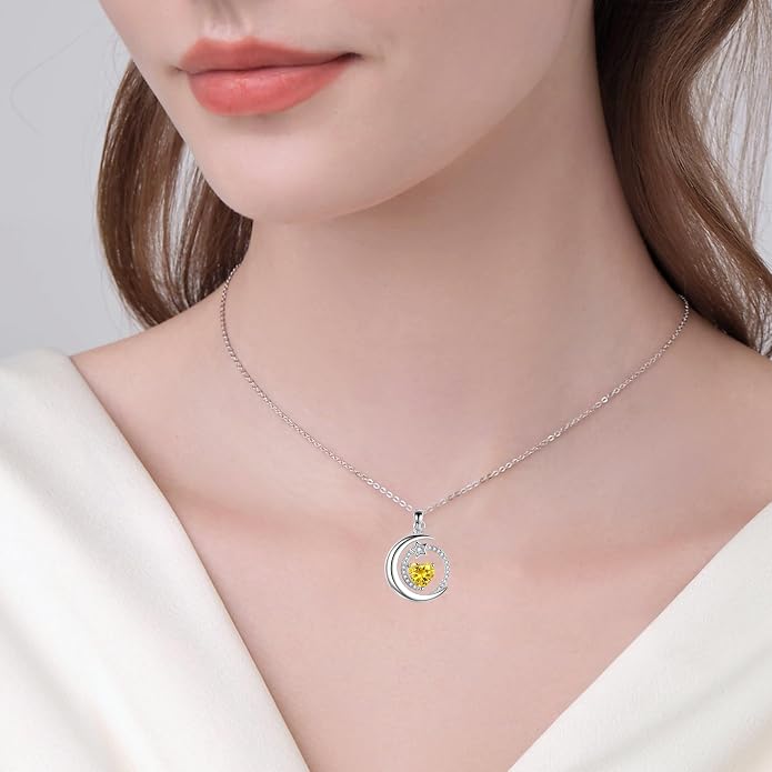 S925 Sterling Silver Birthstone Pendant Necklace Moon Star Necklace Jewelry Gift for Women Anniversary Valentine's day