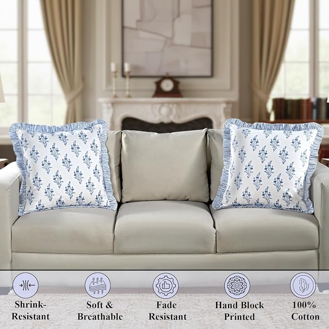 Ridhi Coastal Blue Block Print Ruffle Throw Pillow Cover 24" x 24" (Pack of 2) Decorative Cushion Covers with Ruffle for Couch, Sofa, Bed, Living Room, Home Decor Gift for Spring, Mother's Day