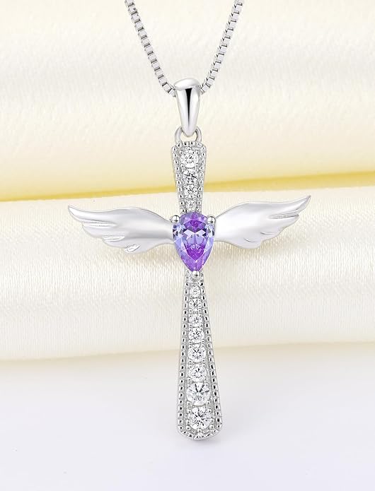 YL Cross Necklace 925 Sterling Silver Angel Wings Pendant Teardrop Birthstone Criss Jewelry for Women