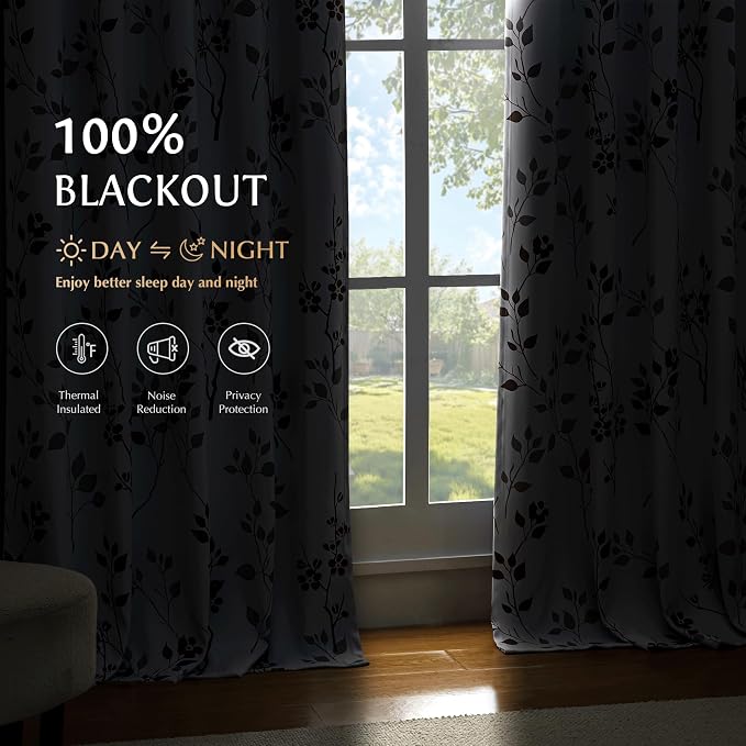 Beauoop Floral 100% Blackout Curtains for Bedroom Tan Brown 52X63 2 Panels | Flower Patterned Brown White Room Darkening Drapes for Living Room Thermal Soundproof Window treatment Rod Pocket