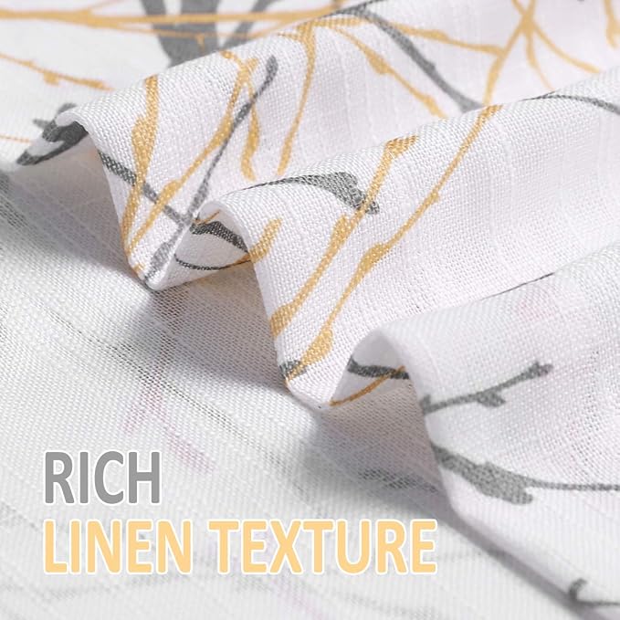 FMFUNCTEX Linen Semi Sheer Curtains for Bedroom, Yellow White Curtains 45 Inches Long for Living Room, Grey Tree Branch Print Curtain Light Filtering Kitchen Window Drapes, Grommet Top 2 Panels | Short Sheer Branch Patterned Drapes, Light Filtering Gro...