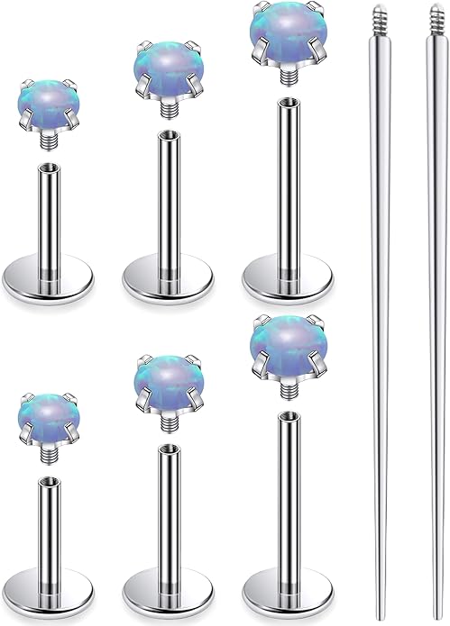 Ruifan Titanium Flat Back Lip Rings Externally Threaded Earrings Studs Nose Rings 20G 18G 16G Round Opal Tragus Cartilage Lobe Rook Helix Conch Labret Medusa Piercing Jewelry for Women Men