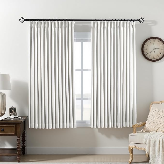 Pinch Pleated Curtains 100% Blackout Linen Curtains 63 Inches Long for Bedroom Living Room, Ivory White Memory Trained Thermal Insulated Room Darkening Window Drapes with Hooks 2 Panels 40"Wx63"L
