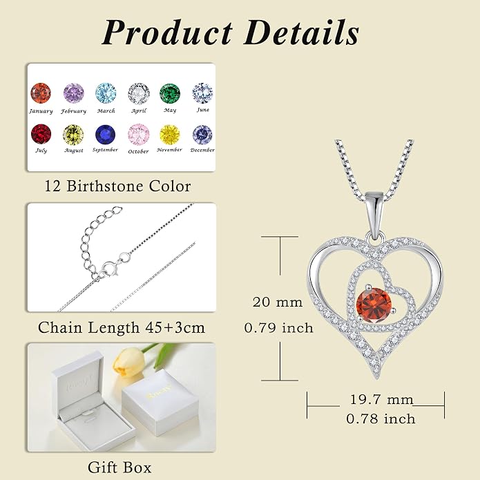 Love Heart Necklace for Women 925 Sterling Silver Birthstone Pendant Necklace Dainty Jewelry for Women Wife Mother Christmas Birthday Mother's Day Gift