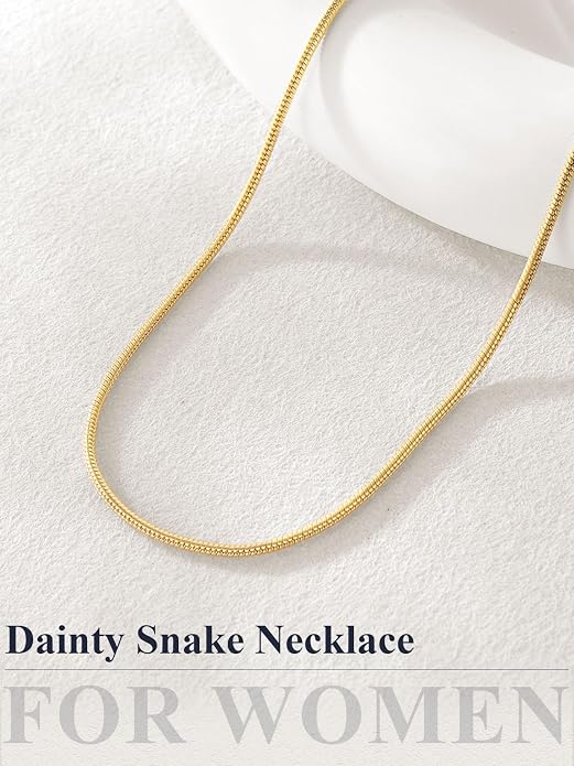 U7 Snake Necklace for Women 14K Gold Plated/Silver/Rose Gold/Black Chain Necklace Hypoallergenic, Stainless Steel Tiny Snake Chain Necklace 1/1.2/1.5/2MM, 14-30" Adjustable Minimalist Gift