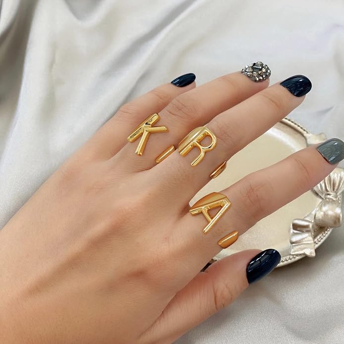 KeyStyle Bold Initial Letter Rings Adjustable, GoldChic Jewelry Women Gold Statement Ring Personalized Engraved Women’s Open Signet Ring for Party (Gold, White Gold, Black)
