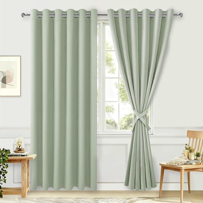 Hiasan Grommet Blackout Curtains for Bedroom, 70 x 84 Inches - Thermal Insulated & Light Blocking Window Drapes for Living Room/Dorm Room, Set of 2 Panels Sewn with Tiebacks, Seafoam Green