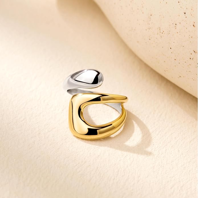 Non Tarnish Gold Chunky Rings for Women, 14K Gold Plated Statement Dome Rings Stacking Silver, Adjustable Mens Eternity Wedding Band Mixed Metal Jewelry Size 3-13