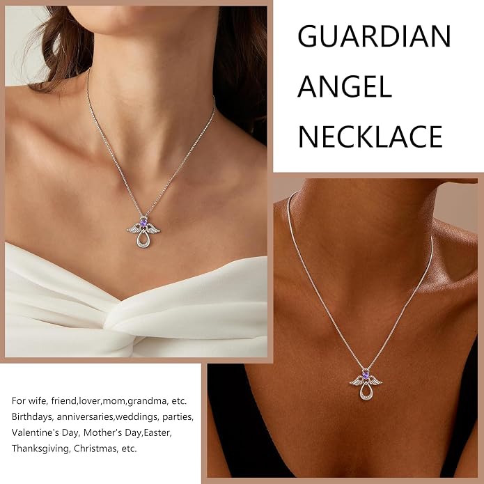 925 Sterling Silver Guardian Angel Pendant Necklace for Women with Birthstone Cubic Zirconia Little Angel Pendant Necklace Jewelry 18 inch Chain