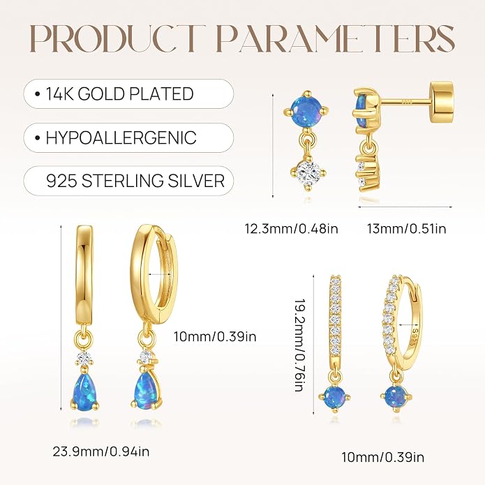 Angelady Opal Earrings Set for Women, Hypoallergenic S925 Sun Stud Earring for Sensitive Ears, Dainty Hoop Huggie Silver Opal Dangle Earring Stacks, Blue Earrings for Women Trendy 2025