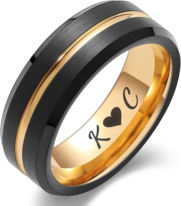 LerchPhi Tungsten Wedding Band for Men, Engraved and Customizable Promise Rings for Him and Her, Width 6MM 8MM Size 6-14, Center Grooved Beveled Edge, Comfort Fit