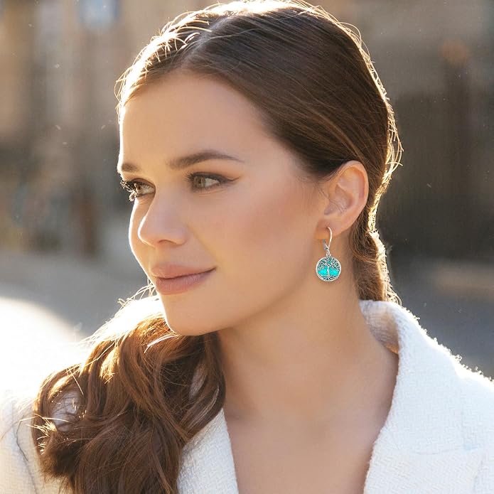 Black Cat/Turtle/Moonstone//Turquoise/Flower/Tree of Life Earrings Sterling Silver Cute Animal Leverback Dangle Earrings Jewelry Gifts