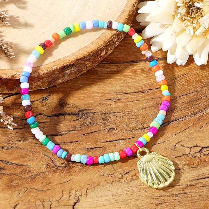 Shell Starfish Ankle Bracelet Set for Women,Handmade Bohemian Colorful Beaded Layered Hawaiian Beach Seashell Starfish Foot Jewelry Gifts Friendship Family