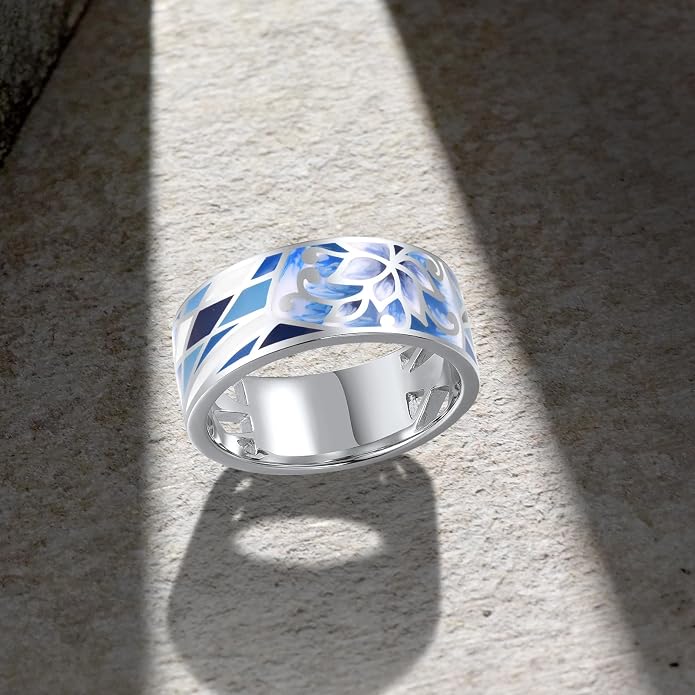 Santuzza 925 Sterling Silver Enamel Flower Pattern Ring for Women