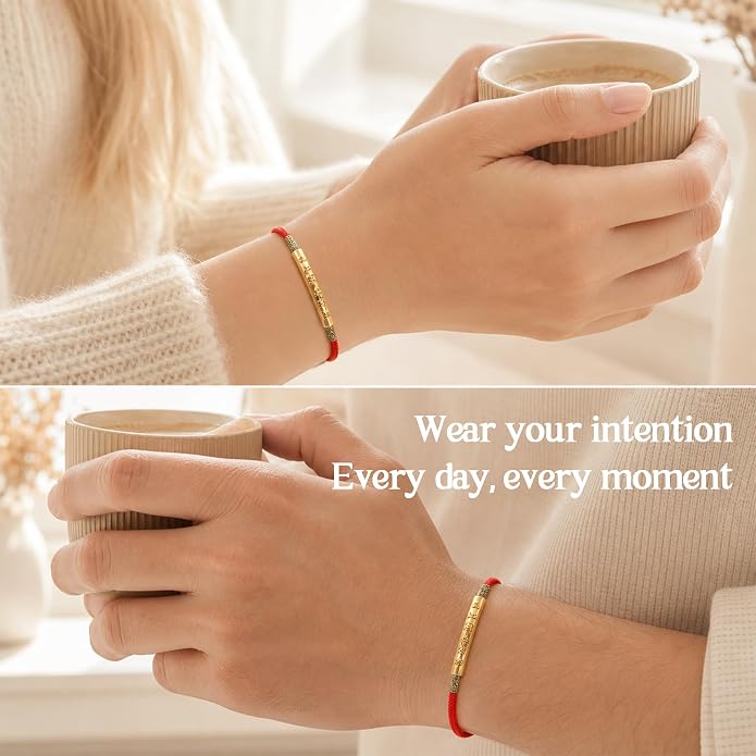 Tibetan Handmade Mani Mantra Red String Bracelet for Women & Men, Sterling Silver Adjustable Lucky Charms Bracelet with Spiritual Meaning, Protection & Positive Energy, Buddhist Red Jewelry for Good Fortune, Includes Gift Box