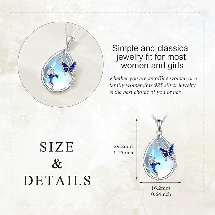 KQF Dragonfly/Butterlfy/Cat/Jellyfish/Bunny/Axolotl/Bee/Mermaid/Hummingbird/Elephant Necklace for Women Sterling Silver Moonstone Pendant Necklace Dragonfly Jewelry Gifts for Women