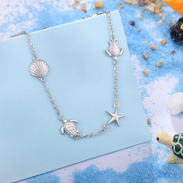 BEILIN 925 Sterling Silver Ocean Beach Anklets for Women Starfish Conch Turtle Ankle Bracelets for Women