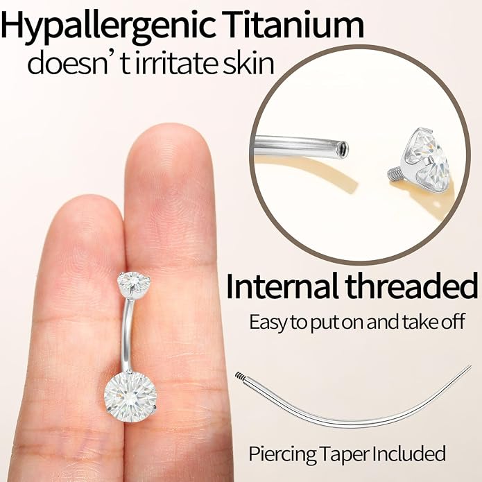 Sparkling Moissanite Belly Button Ring, 14G G23 Surgical Grade Titanium with 14K Gold Plated | Internally Threaded & Hypoallergenic for Sensitive Skin | Unisex Body Jewelry